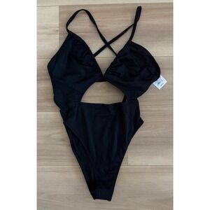 Shade & Shore Black Ribbed High Cut 1-Piece Swimsuit Backless Monokini 34DD